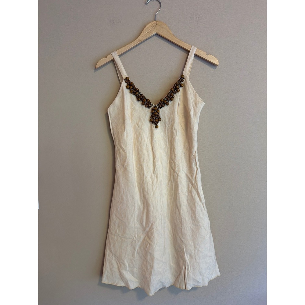 Vintage Ivory Linen Blend Beaded V-Neck Mini Dress Cream Boho Summer
